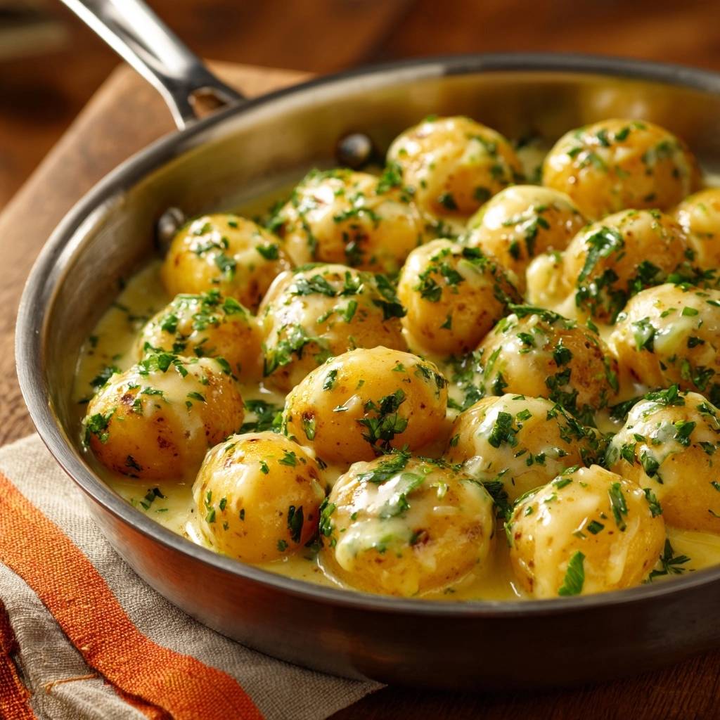 Cremige Kase Babykartoffeln Aus Der Pfanne Nahaufnahme 1 Cremige Käse-Babykartoffeln aus der Pfanne in einer Pfanne serviert, mit frischer Petersilie garniert und in cremiger Soße gebadet.