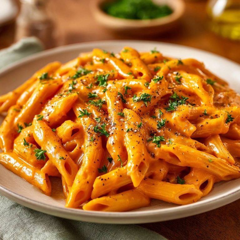 Cremige Kürbis-Penne, serviert auf einem weißen Teller, präsentiert eine köstliche Draufsicht auf die cremige Pasta und die frische Petersilie.