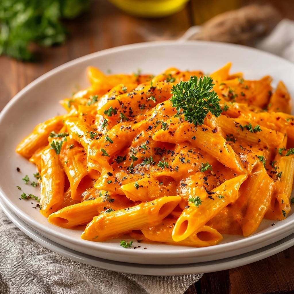Cremige Kuerbis Penne Serviert 1 Cremige Kürbis-Penne, serviert auf einem weißen Teller, garniert mit frischer Petersilie und schwarzen Pfefferkörnern. Die cremige Sauce umschließt die Penne-Nudeln.