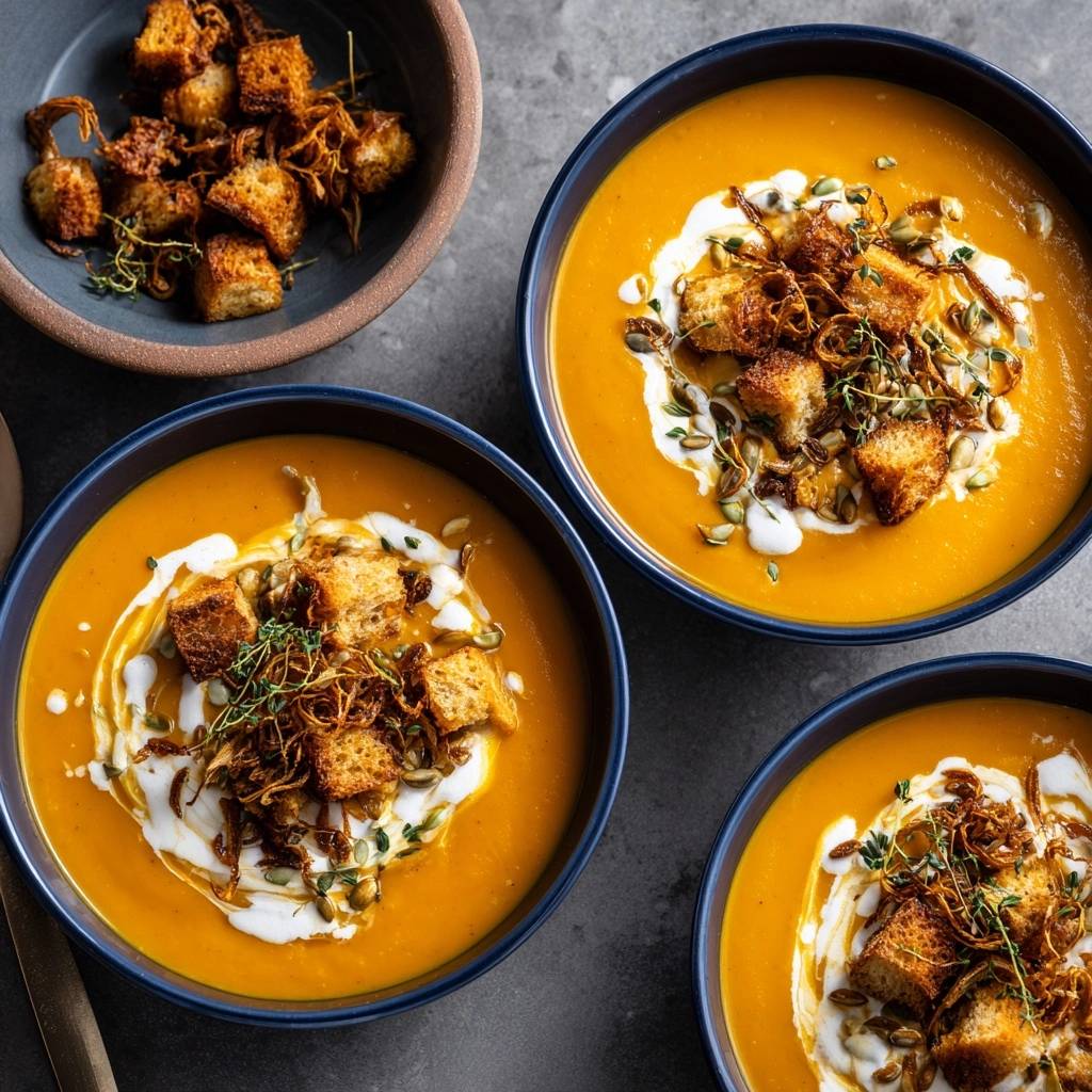 Cremige Kuerbissuppe Mit Knusprigen Draufsicht Serviert 1 Cremige Kürbissuppe mit knusprigen Toppings, serviert in blauen Schalen, garniert mit Croutons, Zwiebeln, Kräutern und Kürbiskernen.