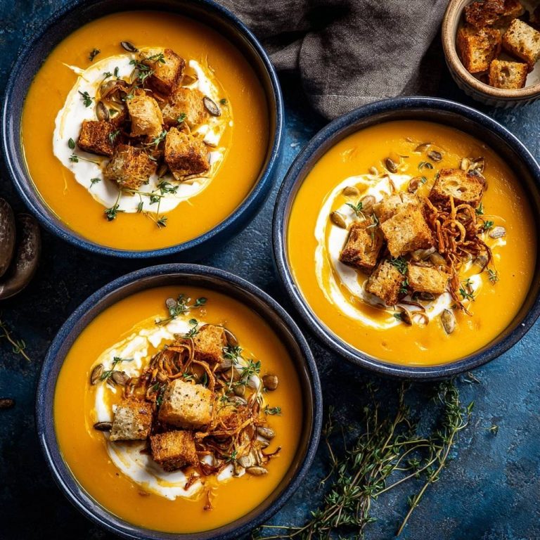 Cremige Kürbissuppe mit knusprigen Toppings, serviert in blauen Schalen, garniert mit Croutons, Zwiebeln und Kürbiskernen, von oben gesehen.