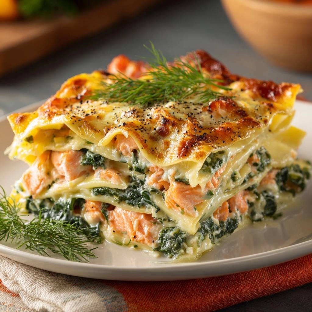 Cremige Lachs Spinat Lasagne Querschnitt 1 Cremige Lachs-Spinat-Lasagne in Nahaufnahme mit einem Anschnitt, der die saftigen Schichten aus Lachs, Spinat und Nudeln zeigt.