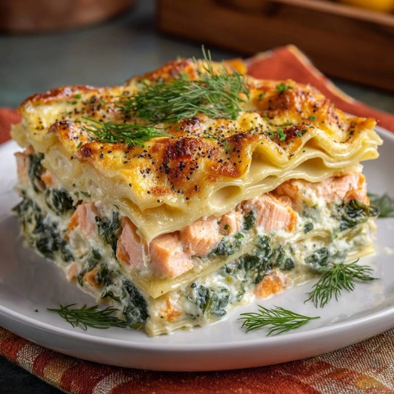 Cremige Lachs-Spinat-Lasagne zeigt einen appetitlichen Querschnitt mit Lachs, Spinat und einer cremigen Sauce, perfekt serviert auf einem Teller.