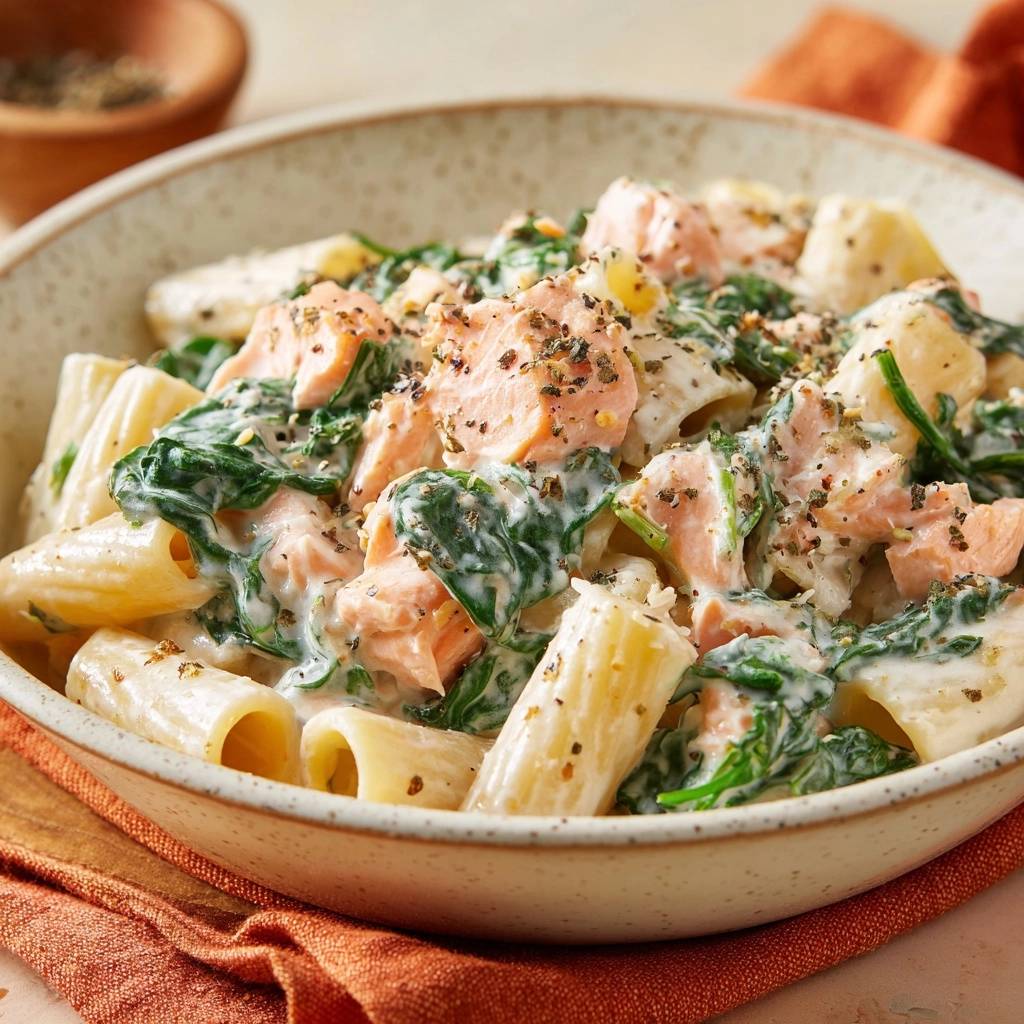 Cremige Rigatoni Mit Lachs Und Spinat Draufsicht 1 Cremige Rigatoni mit Lachs und Spinat in einer Schüssel, serviert mit frischem Spinat und Lachsfilet von oben betrachtet.