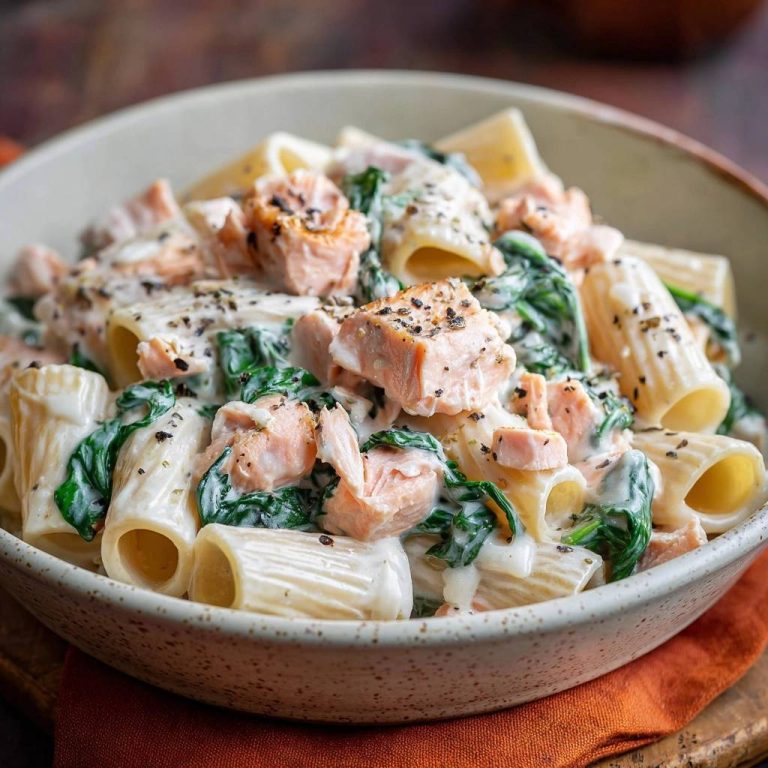 Cremige Rigatoni mit Lachs und Spinat in einer Nahaufnahme, die die cremige Soße und die frischen Zutaten zeigt.