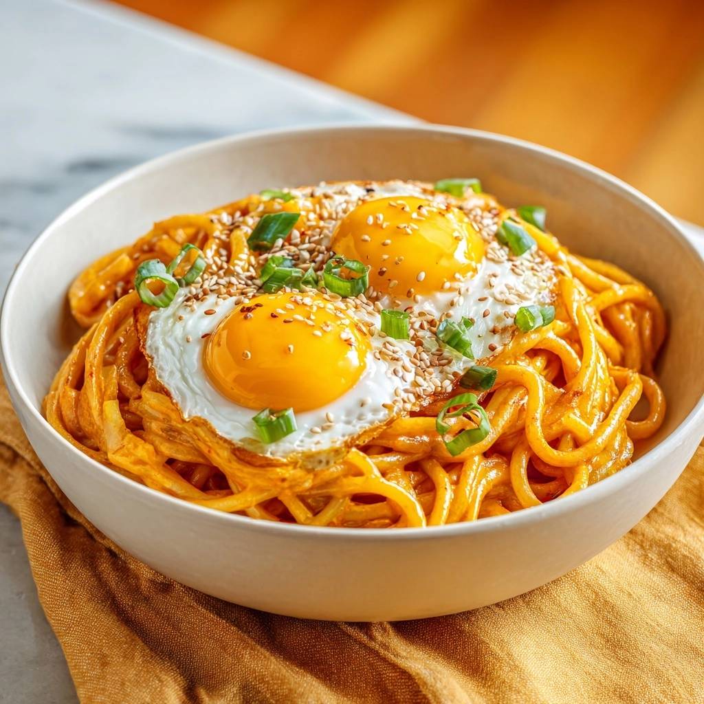 Cremige Scharfe Ramen Mit Spiegeleiern Draufsicht 1 Cremige Scharfe Ramen mit Spiegeleiern, serviert in einer Schüssel, mit perfekt gebratenen Eiern und frischen Frühlingszwiebeln garniert.