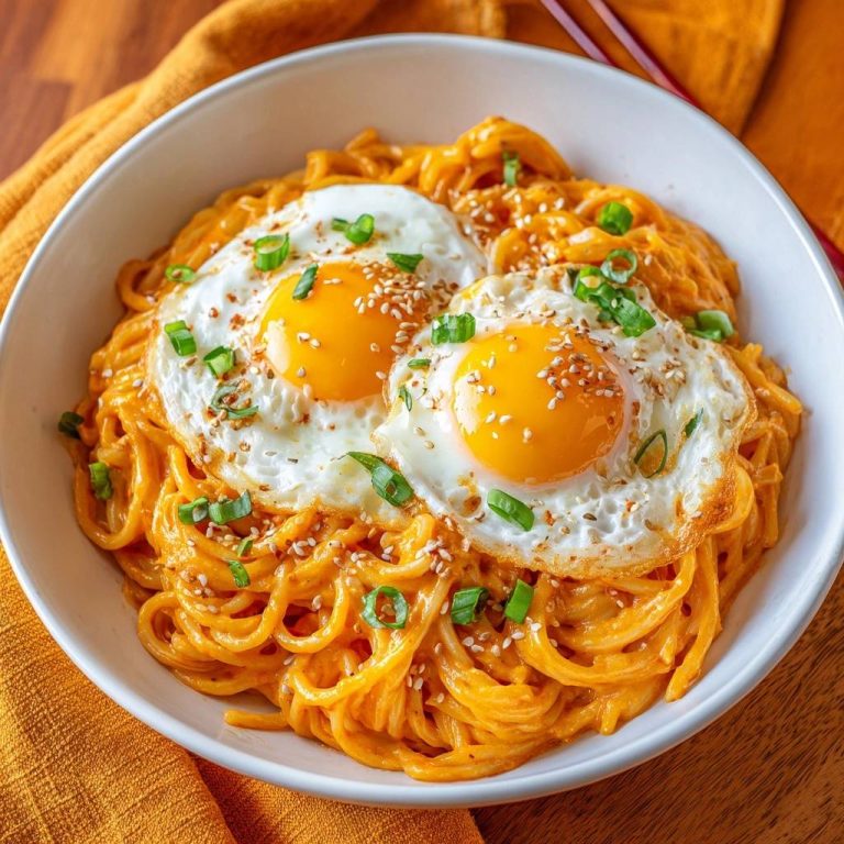 Cremige Scharfe Ramen mit Spiegeleiern in einer Schüssel, serviert mit zwei perfekt gebratenen Eiern und Frühlingszwiebeln.