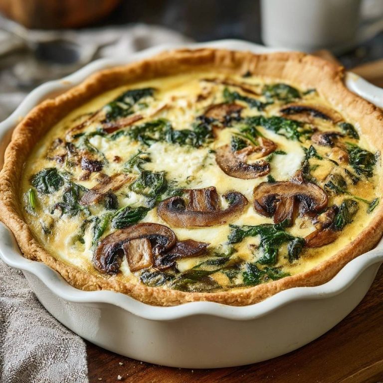 Cremige Spinat-Pilz-Quiche von oben betrachtet: Der knusprige Boden wird hier perfekt ergänzt von frischem Spinat und Pilzen.