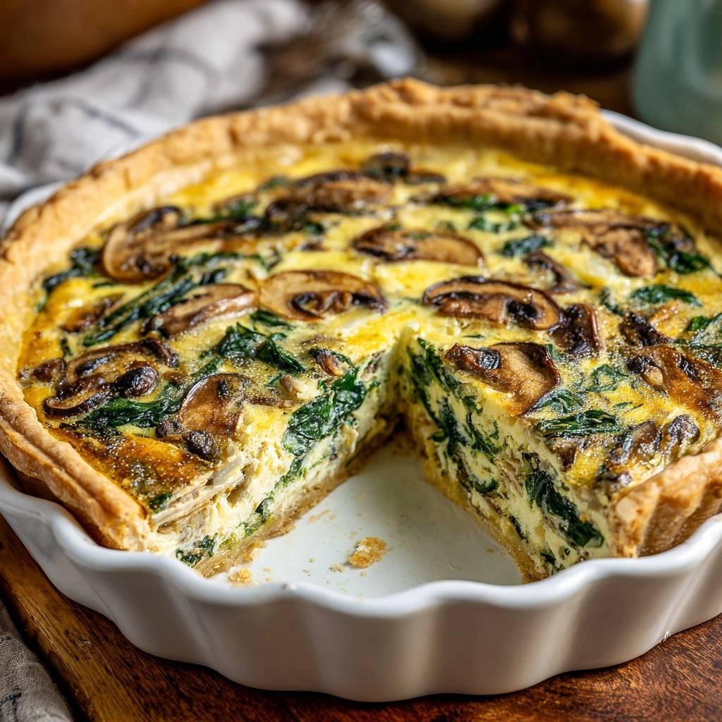 Cremige Spinat Pilz Quiche Querschnitt Nahaufnahme 1 Cremige Spinat-Pilz-Quiche mit knusprigem Boden, zeigt einen saftigen Querschnitt mit Spinat und Pilzen. Ein köstliches herzhaftes Gericht, perfekt gebacken.