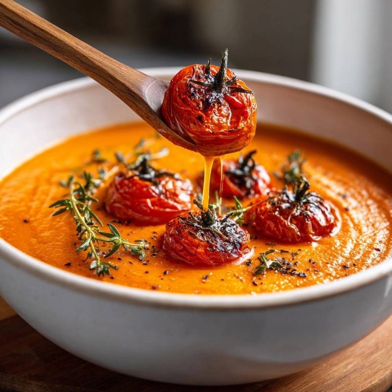 Cremige Thymian-Tomatensuppe mit gerösteten Tomaten, die von einem Holzlöffel tropfen, serviert in einer weißen Schüssel.