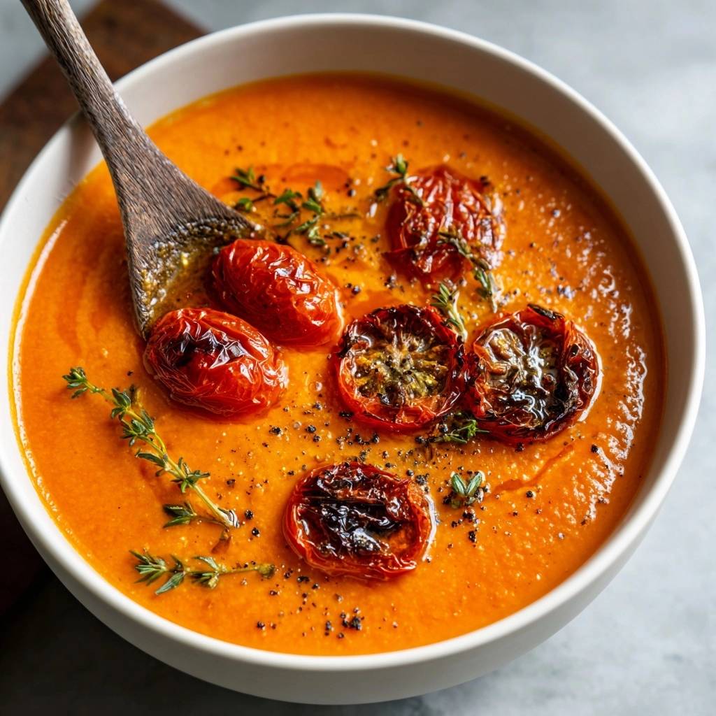 Cremige Thymian Tomatensuppe Draufsicht Serviert 1 Cremige Thymian-Tomatensuppe, serviert in einer weißen Schüssel. Diese Draufsicht zeigt die cremige Suppe, garniert mit gerösteten Tomaten und frischem Thymian.