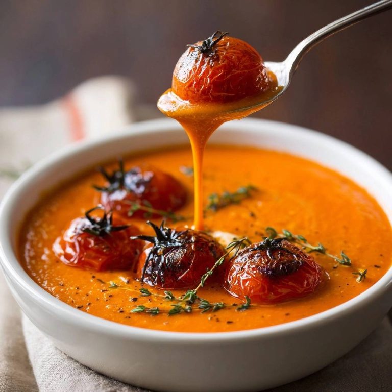 Cremige Tomatensuppe mit gerösteten Kirschtomaten, serviert in einer weißen Schüssel, mit einem Löffel, aus dem die Suppe tropft.