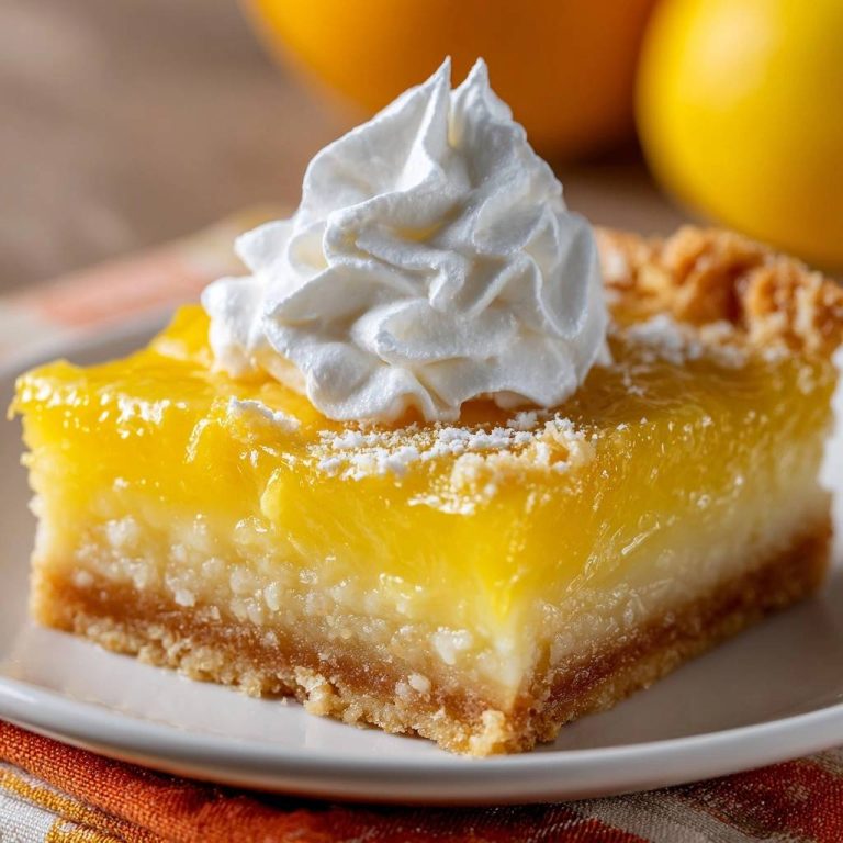 Cremige Zitronen-Cheesecake-Bars in Nahaufnahme, serviert auf einem weißen Teller, mit einem grosszügigen Klecks Schlagsahne.