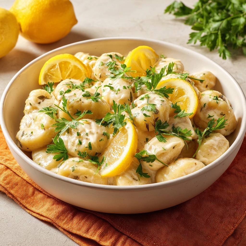 Cremige Zitronen Gnocchi Mit Zitronenscheiben Garniert 1 Cremige Zitronen-Gnocchi, garniert mit frischen Zitronenscheiben und Petersilie, serviert in einer cremigen Soße. Ein köstliches italienisches Gericht.