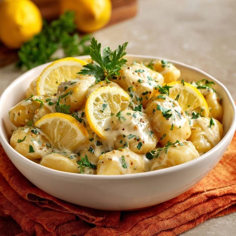 Cremige Zitronen-Gnocchi werden in einer weißen Schüssel serviert und mit frischen Zitronenscheiben und Kräutern garniert.