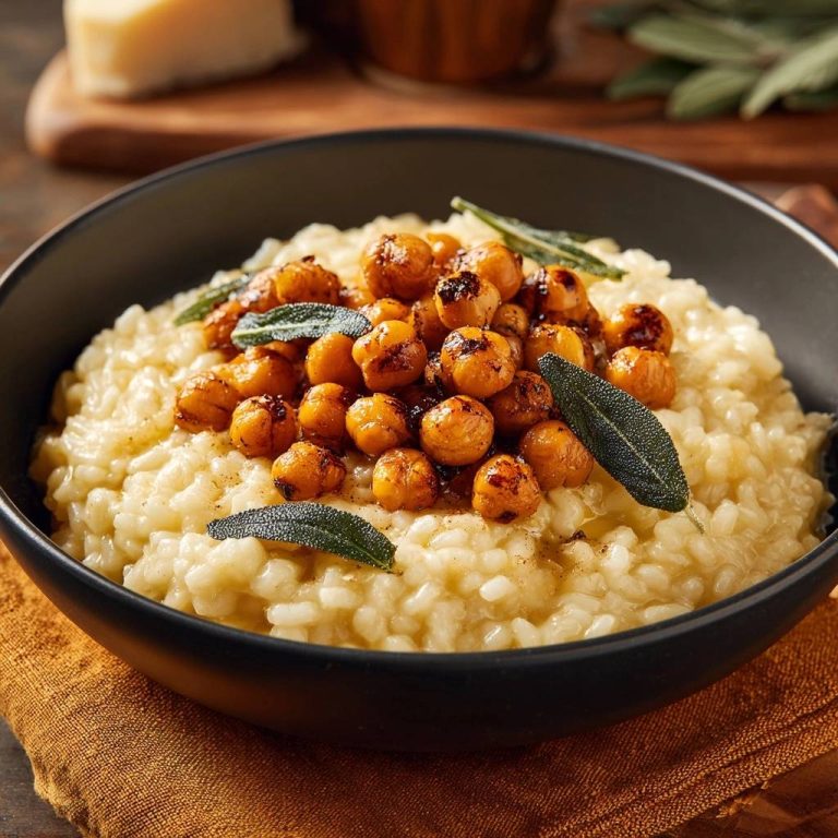 Cremiges Salbei-Risotto mit gerösteten Kichererbsen, serviert in einer schwarzen Schüssel, mit knusprigen Kichererbsen und Salbeiblättern garniert.