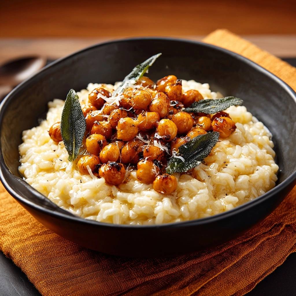 Cremigem Salbei Risotto Mit Geroesteten Kichererbsen Draufsi 1 Cremiges Salbei-Risotto mit gerösteten Kichererbsen in einer dunklen Schüssel serviert, garniert mit Salbeiblättern.