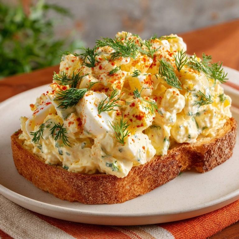 Cremiger Dill-Eierausstrich auf Toast serviert auf einem Teller. Die leckere Eierspeise ist mit frischem Dill und Paprika bestreut.