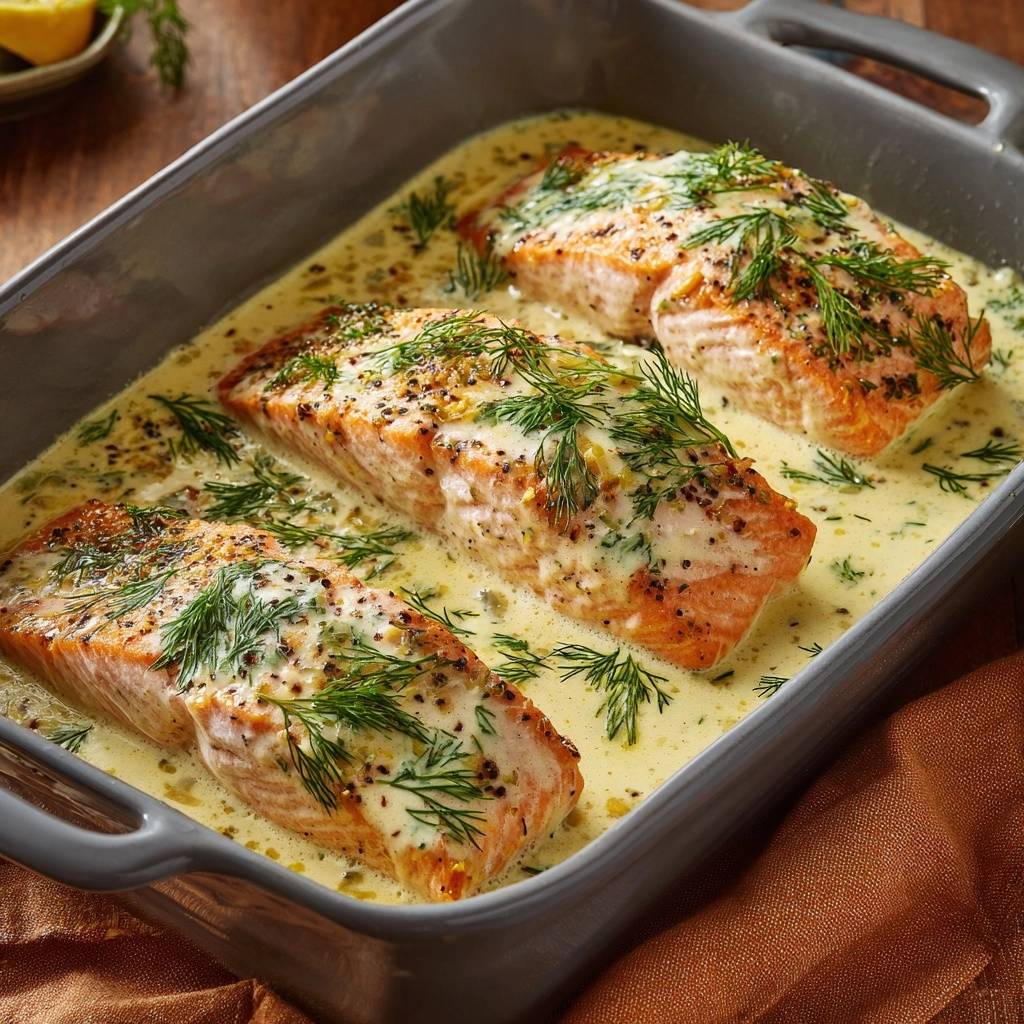 Cremiger Dill Lachs Aus Dem Ofen Draufsicht 1 Cremiger Dill-Lachs aus dem Ofen in einer Auflaufform, garniert mit frischem Dill und einer cremigen Sauce, Ansicht von oben.