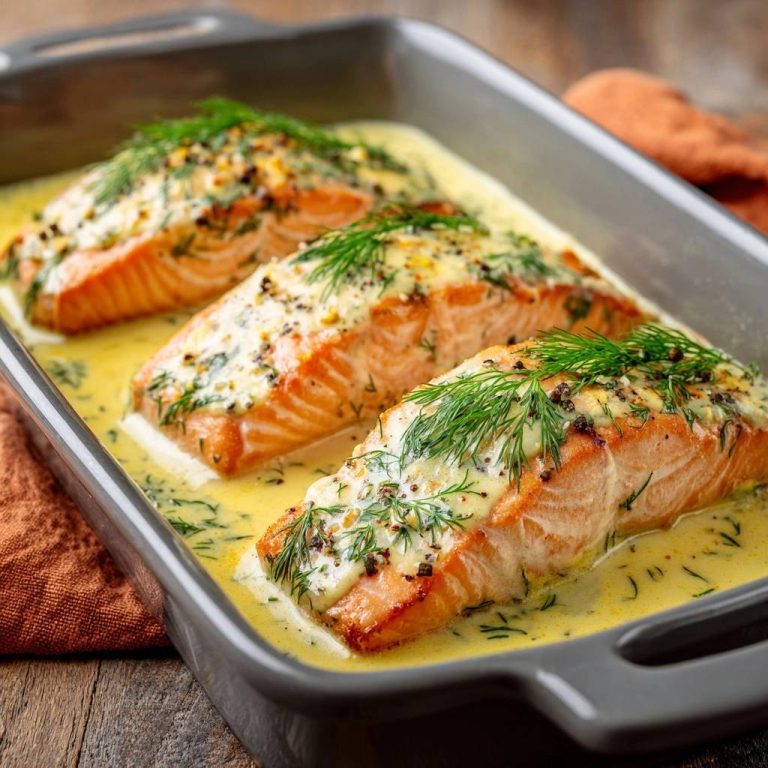 Cremiger Dill-Lachs aus dem Ofen serviert in einer Auflaufform, mit frischem Dill garniert und in cremiger Sauce gebacken.