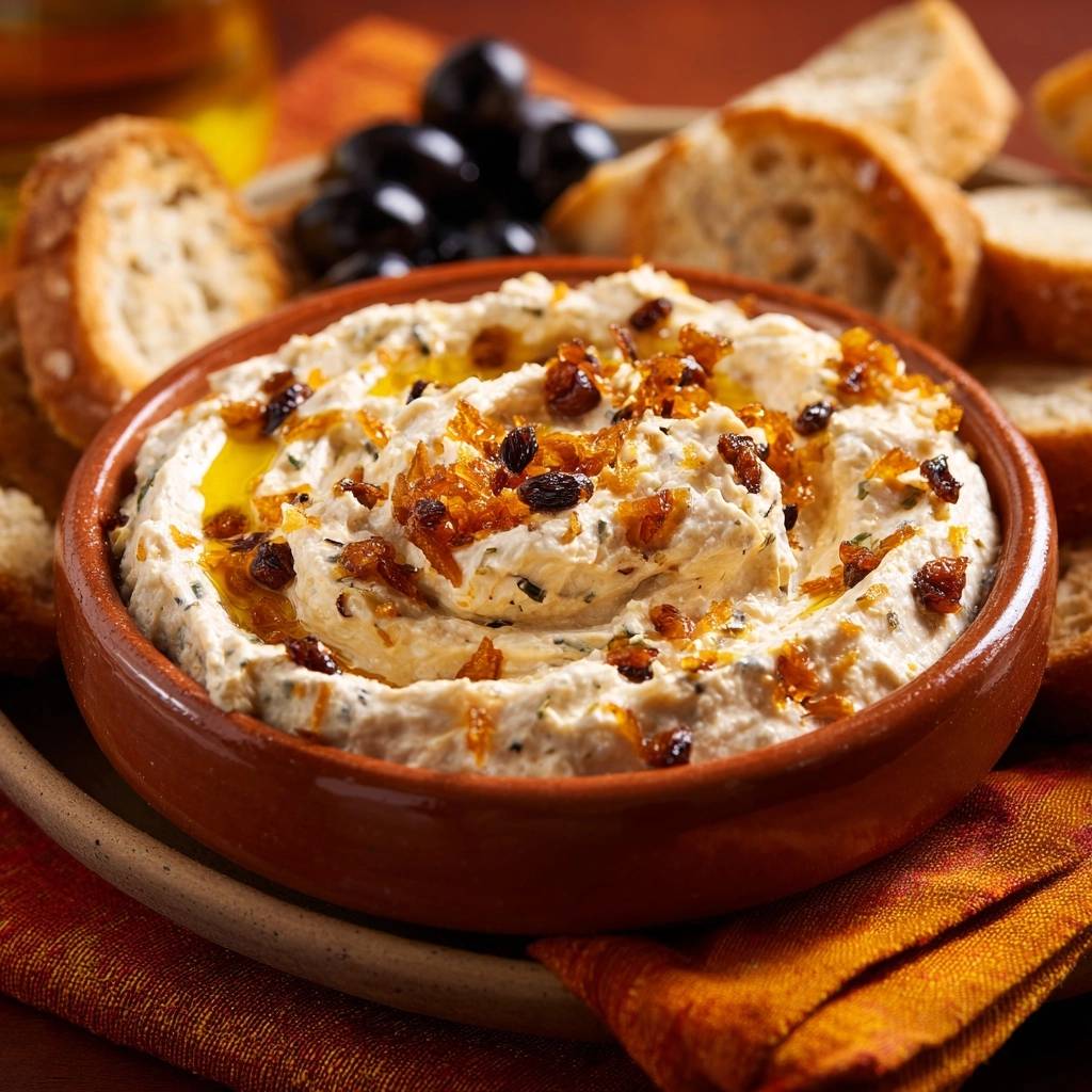 Cremiger Dip Mit Knusprigen Zwiebeln Nahaufnahme 1 Cremiger Dip mit knusprigen Zwiebeln in einer rustikalen Schüssel, garniert mit karamellisierten Zwiebeln und Rosinen, serviert mit Brot.