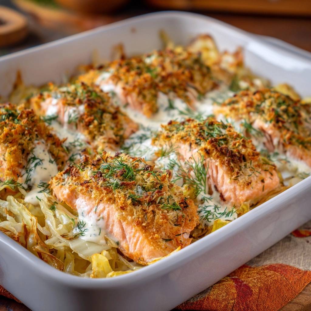 Cremiger Fenchel Lachs Auflauf Mit Knuspriger Kruste Draufsi 1 Cremiger Fenchel-Lachs-Auflauf mit knuspriger Kruste, zubereitet in einer Auflaufform, mit Dill garniert und mit einer cremigen Sauce übergossen.