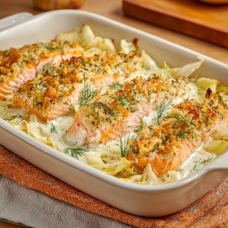 Cremiger Fenchel-Lachs-Auflauf mit knuspriger Kruste, serviert in einer Auflaufform, mit frischem Dill garniert und von oben betrachtet.