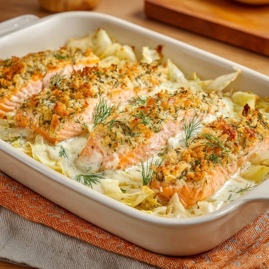 Cremiger Fenchel-Lachs-Auflauf mit knuspriger Kruste, serviert in einer Auflaufform, mit frischem Dill garniert und von oben betrachtet.