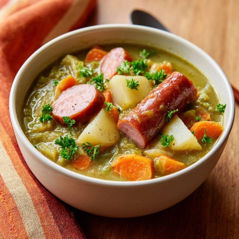 Cremiger Grünkohl-Eintopf mit Wurst serviert in einer cremigen Brühe. Die Nahaufnahme zeigt die Wurstscheiben, Karotten und Kartoffeln.