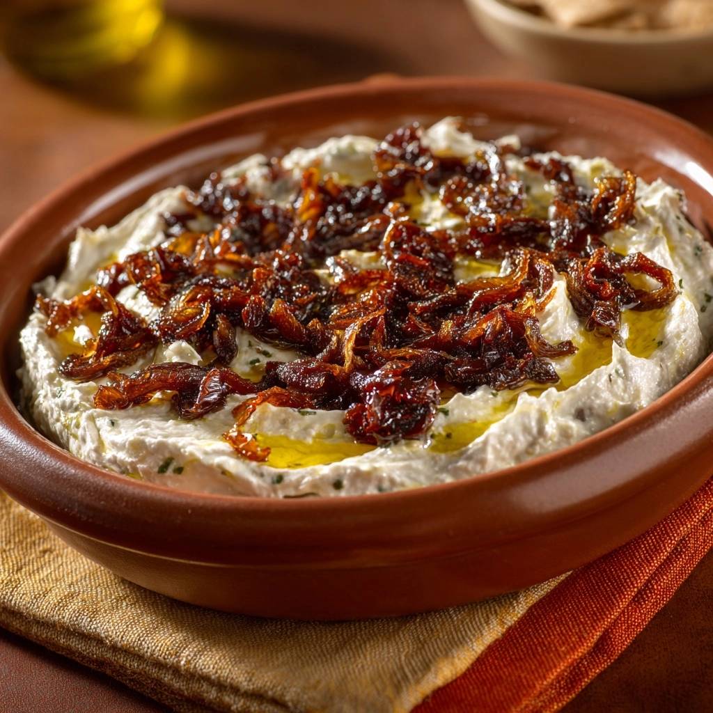 Cremiger Joghurt Dip Mit Knusprigen Zwiebeln Draufsicht 1 2 Cremiger Joghurt-Dip mit knusprigen Zwiebeln, serviert in einer rustikalen Schüssel, garniert mit goldbraunen, frittierten Zwiebeln.