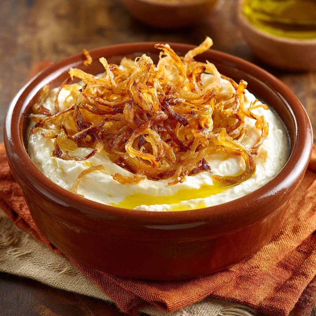 Cremiger Joghurt Dip Mit Knusprigen Zwiebeln Draufsicht 1 Cremiger Joghurt-Dip mit Knusprigen Zwiebeln, serviert in einer rustikalen Schüssel, mit knusprigen Zwiebeln als Topping und einem Hauch Olivenöl.
