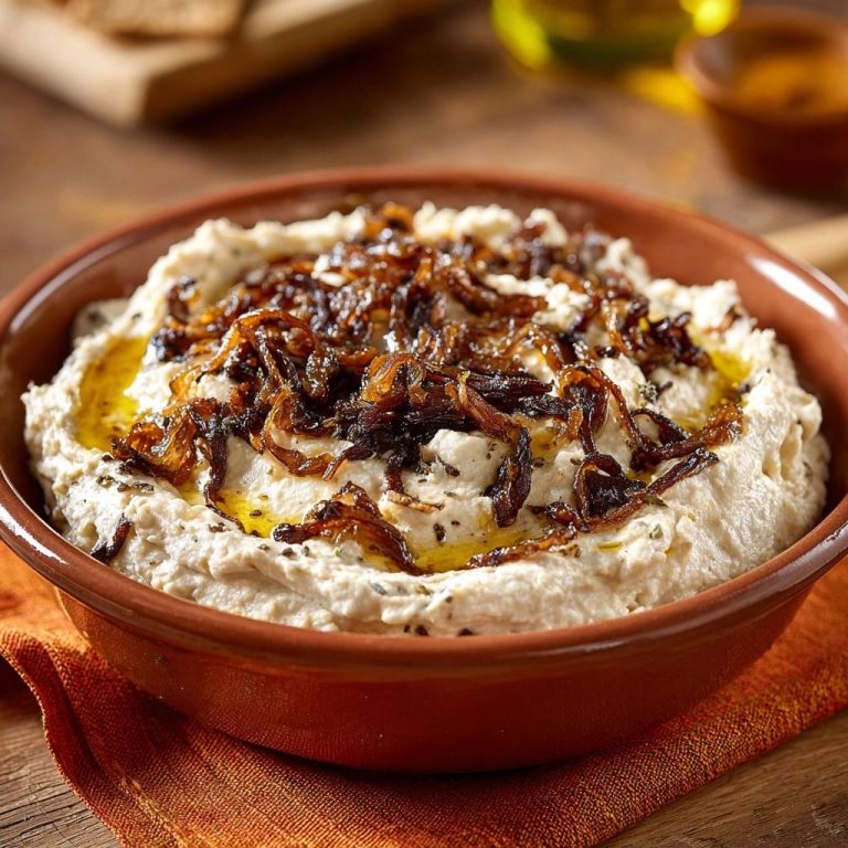 Cremiger Joghurt-Dip mit knusprigen Zwiebeln, serviert in einer rustikalen Schüssel, mit einem Nahaufnahme-Blick von oben auf die knusprigen Zwiebeln.