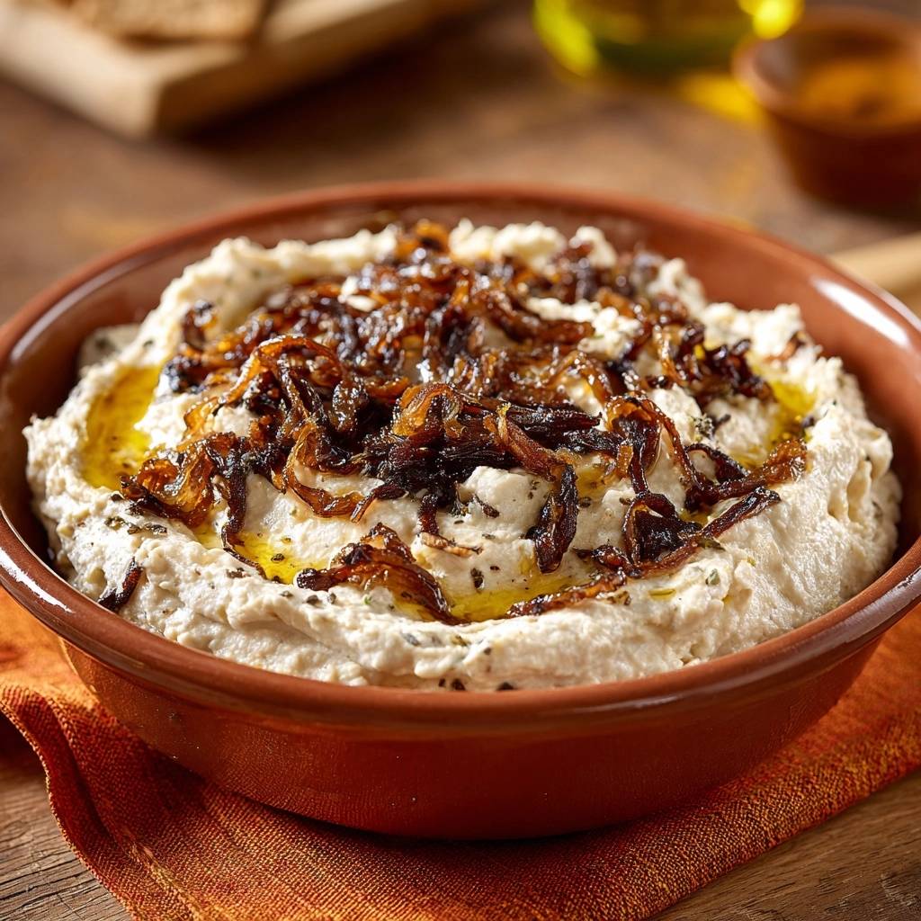 Cremiger Joghurt-Dip mit knusprigen Zwiebeln, serviert in einer rustikalen Schüssel, mit einem Nahaufnahme-Blick von oben auf die knusprigen Zwiebeln.