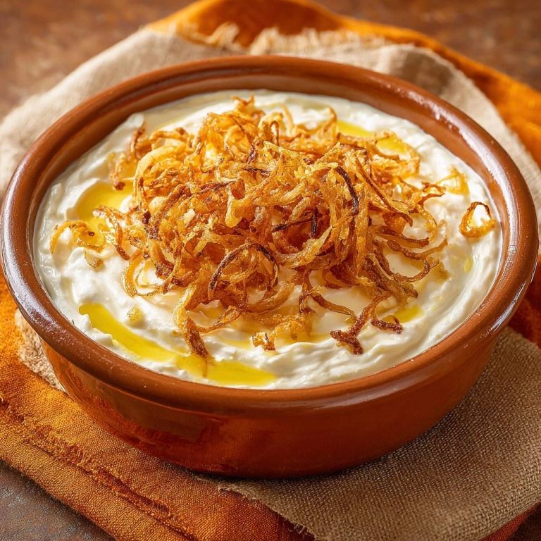 Cremiger Joghurt-Dip mit Knusprigen Zwiebeln, serviert in einer rustikalen Schale, zeigt eine appetitliche Draufsicht auf das cremige Gericht mit knusprigen Zwiebeln.