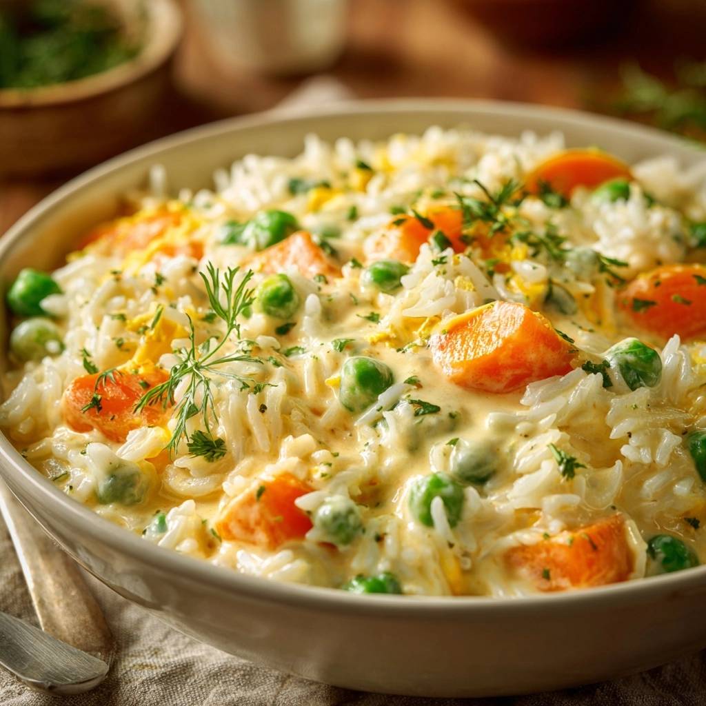 Cremiger Karotten Erbsen Reis Nahaufnahme 1 Cremiger Karotten-Erbsen-Reis in einer Nahaufnahme, der die cremige Sauce, das fluffige Reis und die frischen Erbsen zeigt.