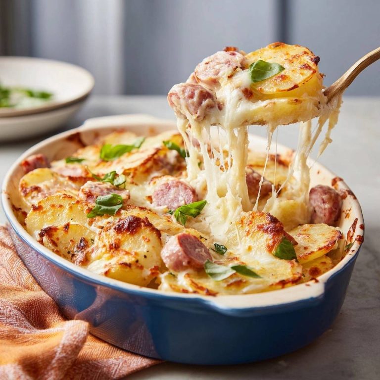 Cremiger Kartoffel-Wurst-Gratin mit Käse, der sich zieht, serviert in einer blauen Auflaufform, garniert mit frischen Kräutern.