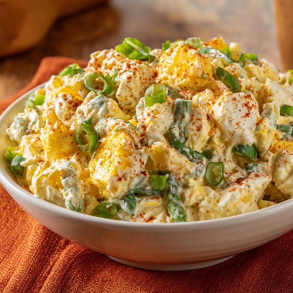 Cremiger Kartoffelsalat Mit Ei Und Fruehlingszwiebeln Draufs 1 Cremiger Kartoffelsalat mit Ei und Frühlingszwiebeln, serviert in einer weißen Schüssel, garniert mit frischen Frühlingszwiebeln und Paprika.