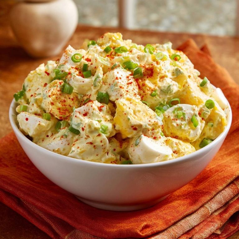 Cremiger Kartoffelsalat mit Ei und Frühlingszwiebeln in einer Nahaufnahme, garniert mit Paprikapulver und frischen Frühlingszwiebeln.