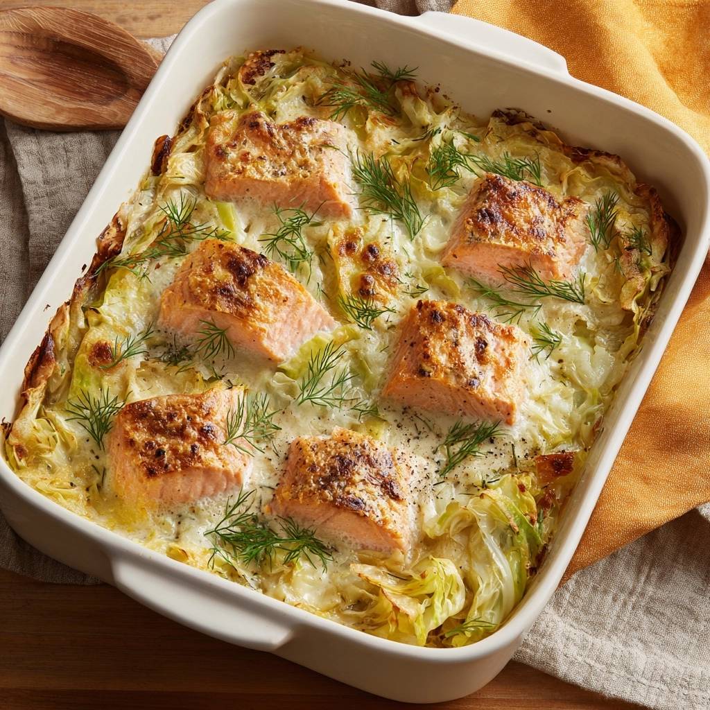 Cremiger Lachs Fenchel Gratin Draufsicht 1 Cremiger Lachs-Fenchel-Gratin in einer Auflaufform, von oben betrachtet, mit goldbraun gebackenem Lachs und frischem Dill garniert.