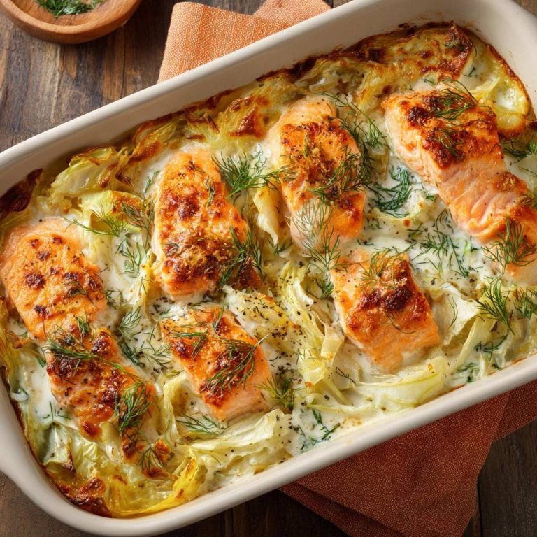 Cremiger Lachs-Fenchel-Gratin in einer Auflaufform, serviert mit frischem Dill und aus der Vogelperspektive fotografiert.