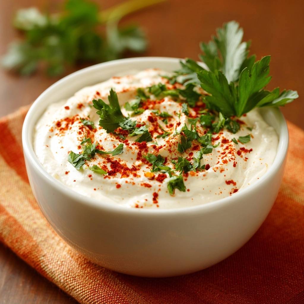 Cremiger Paprika Joghurt Dip Garniert 1 Cremiger Paprika-Joghurt-Dip, garniert mit frischer Petersilie und Paprikapulver, präsentiert in einer weißen Schüssel auf einem Tisch. Die cremige Textur ist deutlich zu erkennen.