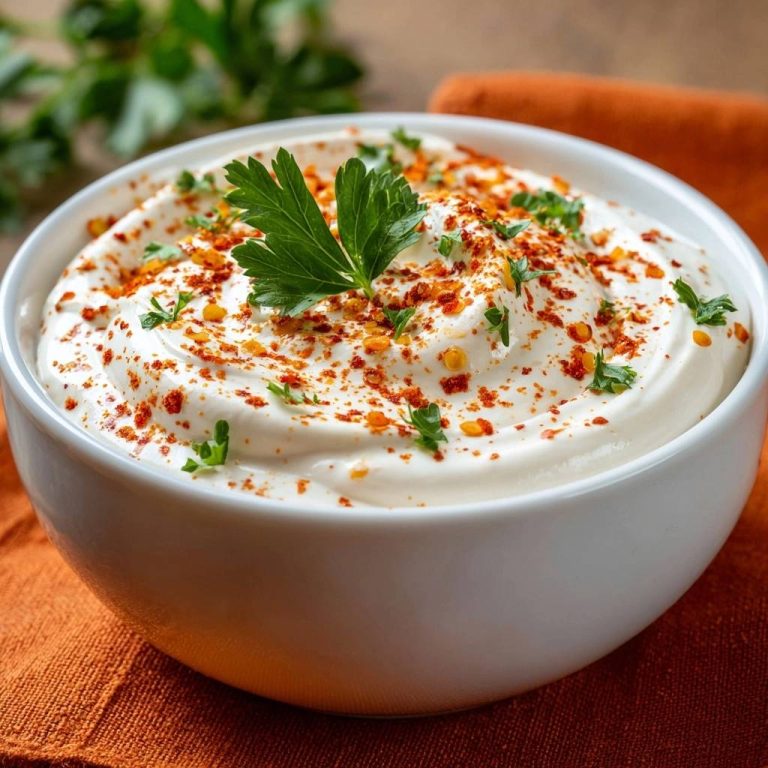 Cremiger Paprika-Joghurt-Dip in einer weißen Schüssel, garniert mit frischer Petersilie und Paprikapulver für einen intensiven Geschmack.
