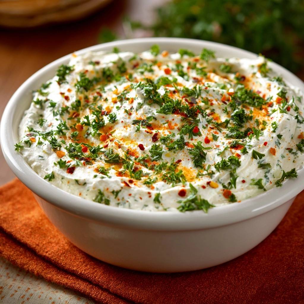 Cremiger Petersilien Joghurt Dip Draufsicht Garniert 1 Cremiger Petersilien-Joghurt-Dip in einer weißen Schüssel, garniert mit frischer Petersilie und Gewürzen, von oben betrachtet.