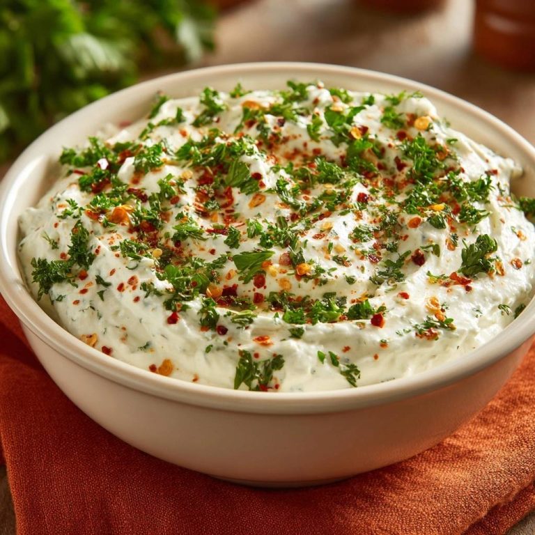 Cremiger Petersilien-Joghurt-Dip, serviert in einer cremefarbenen Schüssel, garniert mit frischer Petersilie und roten Chiliflocken.