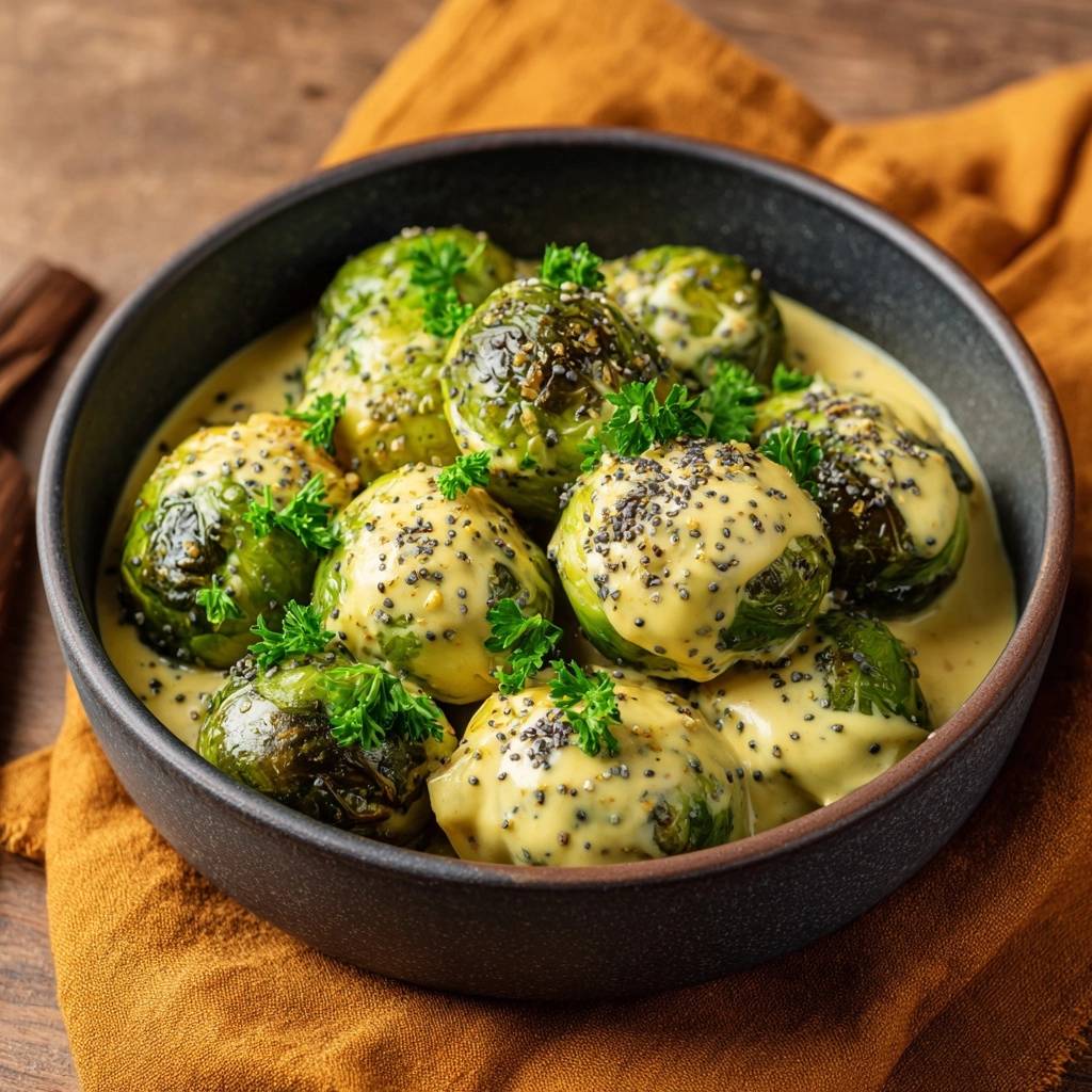 Cremiger Sesam Rosenkohl Draufsicht Serviert 1 Cremiger Sesam-Rosenkohl, serviert in einer Schüssel mit cremiger Sauce, garniert mit frischer Petersilie und Sesam. Ein köstliches vegetarisches Gericht.