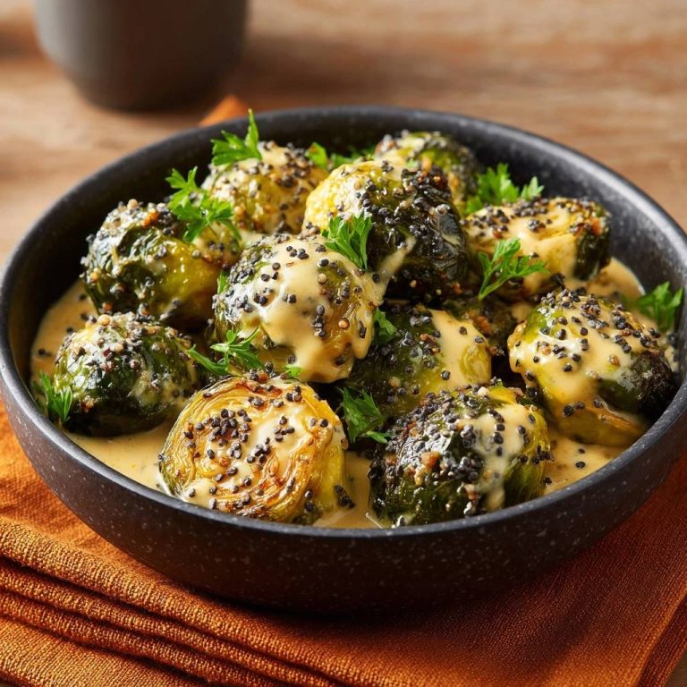 Cremiger Sesam-Rosenkohl in einer Schüssel serviert, mit cremiger Sauce bedeckt und mit Sesam bestreut, ein köstliches vegetarisches Gericht.