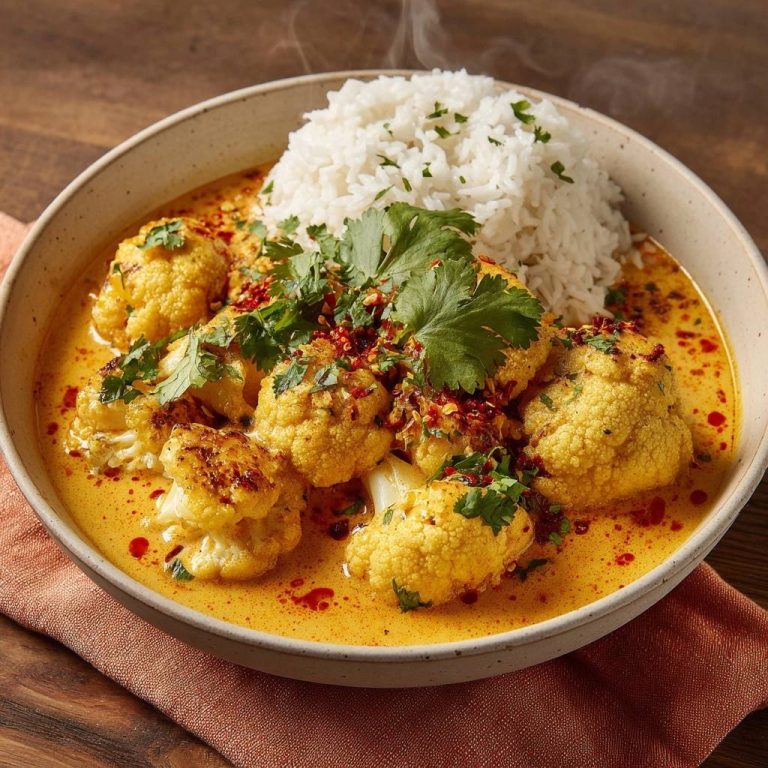 Cremiges Blumenkohl-Curry mit Reis, serviert in einer Schüssel, garniert mit frischem Koriander und Chili-Flocken, von oben betrachtet.