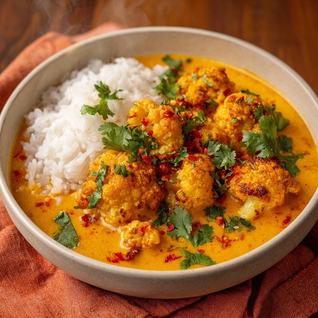 Cremiges Blumenkohl Curry Mit Reis Serviert 1 Cremiges Blumenkohl-Curry mit Reis, serviert in einer Schüssel, garniert mit frischem Koriander und roten Chiliflocken. Das Gericht dampft frisch.
