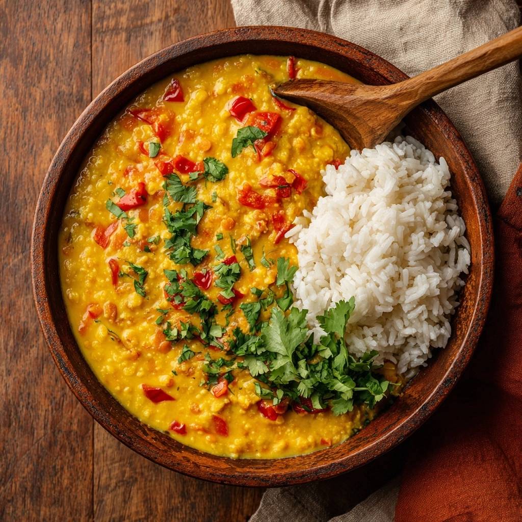 Cremiges Gelbes Dal Mit Paprika Und Reis Draufsicht 1 Cremiges gelbes Dal mit Paprika und Reis in einer Holzschale, serviert mit einer Portion fluffigem Reis und frischen Kräutern.