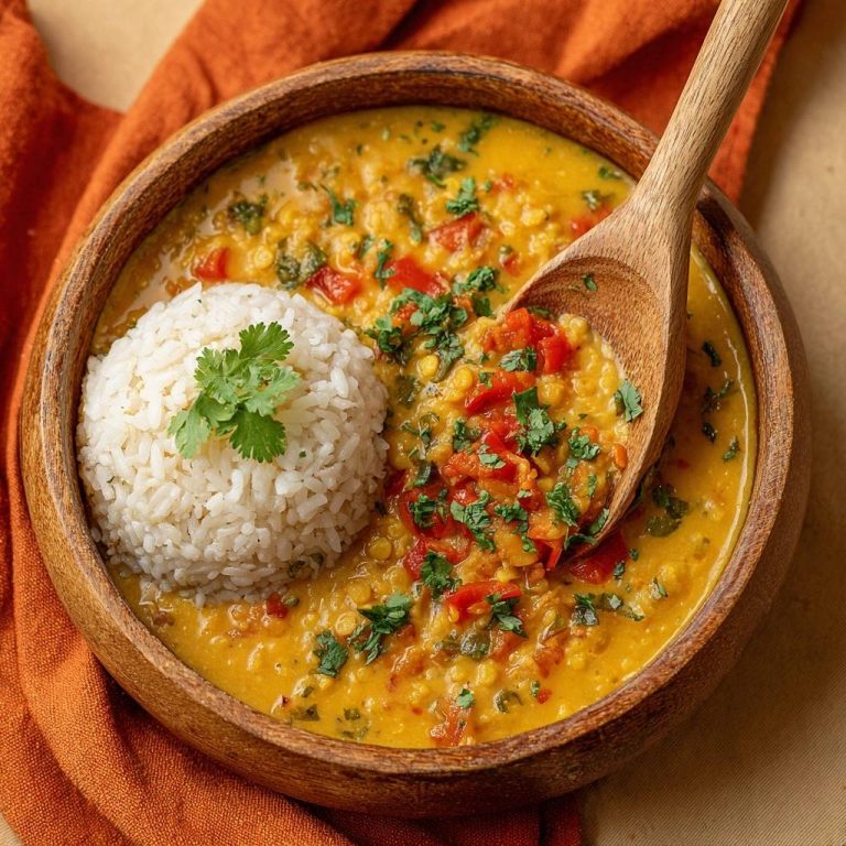 Cremiges gelbes Dal mit Paprika und Reis serviert in einer Holzschüssel, garniert mit frischen Kräutern und Reis.